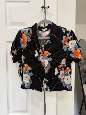 Roark Black Floral Button-Down crop Top with Orange, Blue & White Blooms